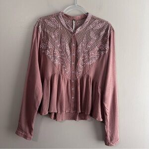 Free People Mauve Embroidered Lace Boho Romantic Button-up Blouse Womens Large